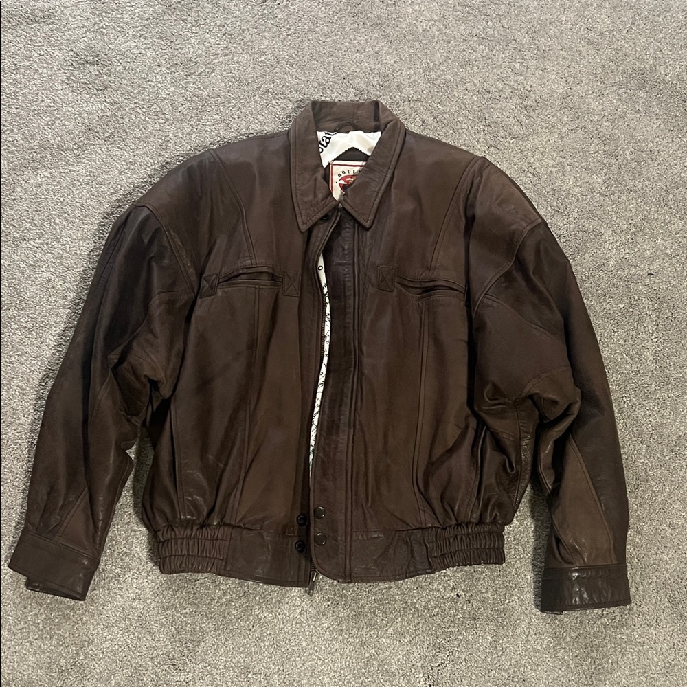 Vintage Boulder Ridge Brown Leather Bomber Jacket L Map Lining 90s Oversized